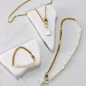 Pearl Bracelet, Gold Chain Link Bracelet, Half Pearl Half Chain Bracelet, Wedding Jewelry, Genuine Pearl, Gift for Her image 6