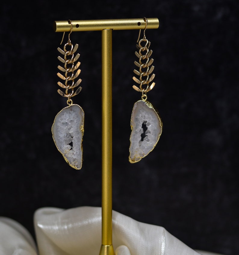 White Agate Geode Slice Dangle Earrings, Long Gold Chain Earrings, White Crystal Earrings, Statement Earrings image 3