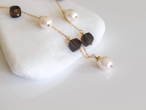 Modern Baroque Pearl and Smoky Quartz Charm Necklace in 14k Gold Filled