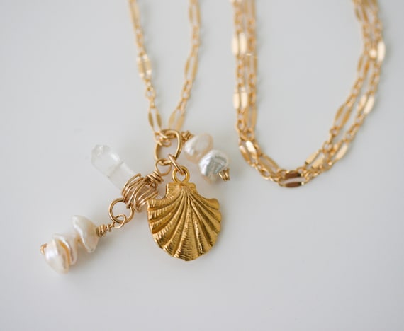 Pearl and Shell Charm Necklace, Freshwater Pearl Necklace, Gold Shell Pendant Necklace, Gold Charm Necklace, Crystal Necklace