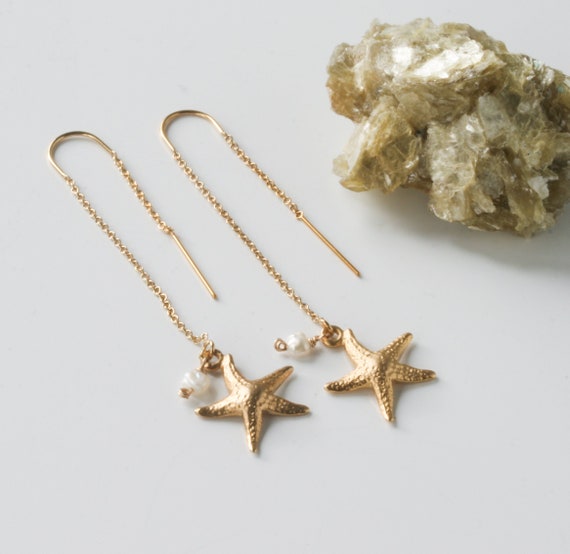 Gold Starfish and Pearl Threader Earrings