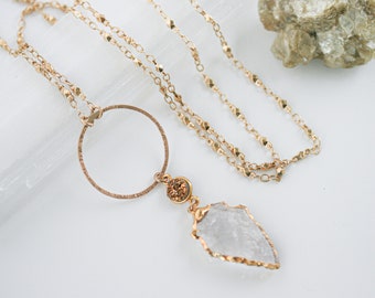 Arrowhead Necklace, Druzy Necklace, Long Gold Necklace, Gold Satellite Chain, Long Layering Necklace