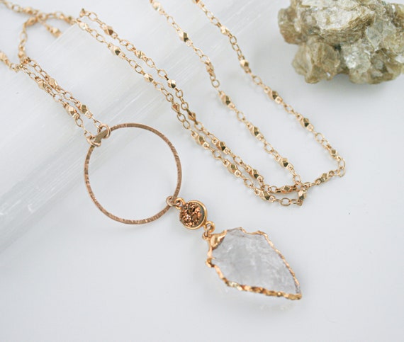 Long Gold Statement Necklace with Arrowhead Pendant