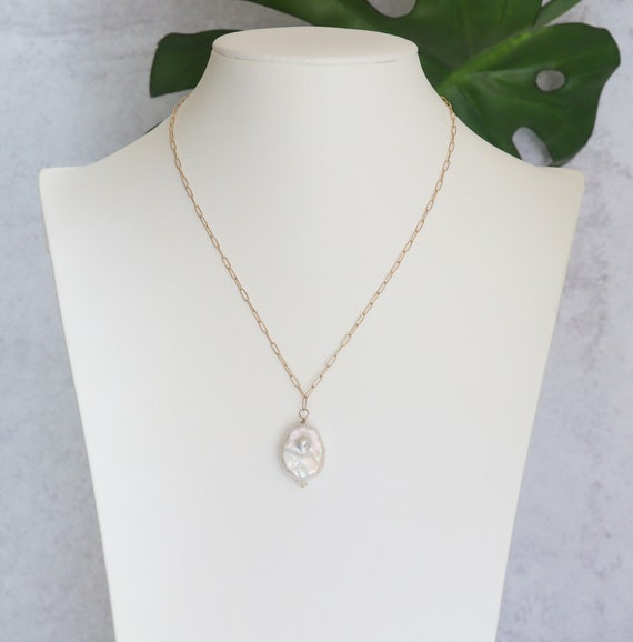 Baroque Pearl Necklace, Single Pearl Necklace, Large Statement Pearl on 14k Gold Filled Paperclip Chain, June Birthstone, Gift for her