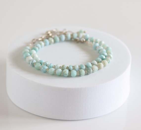 Beaded Larimar Necklace, Zircon Gemstones, Adjustable Length Choker, Layering Beaded Necklace, Light Blue, Sterling Silver, Gift for Her