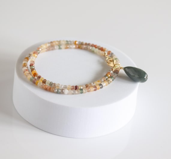 Green Cat’s Eye Pendant Necklace Set — Fine Rutilated Quartz Layers in Warm Earth Tones