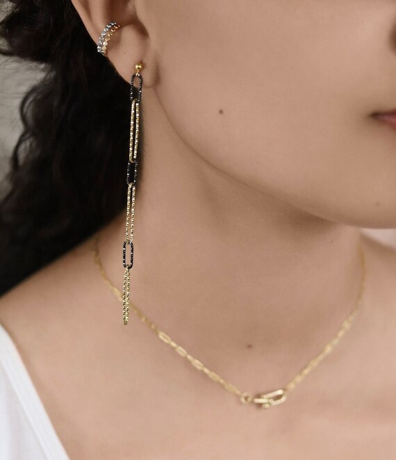 Chain Link Earrings, Black and Gold, Long Glamorous Earrings, Shoulder Duster, Paperclip Chain, Long Link Earrings, Date Night, Gift for Her