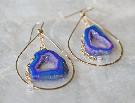 Purple and Blue Geode Hoop Earrings, Hammered Hoop Earrings Gold and Sterling Silver, Druzy Hoop Earrings with Moonstone