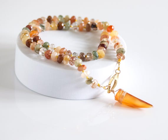 Rutilated Quartz Necklace with Carnelian Tusk Charm, Knotted Beaded Charm Holder Necklace