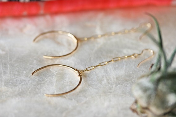 Long Gold Crescent Moon Earrings