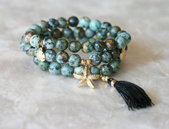 Green Bracelet Set with Gold Charms and Black Silk Tassel, Star Fish Charm