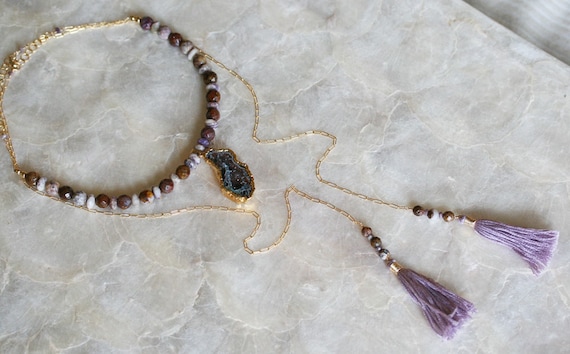 Gemstone Wrap Necklace with Druzy and Tassels