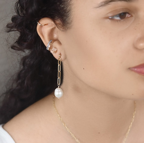 Baroque Pearl Drop Earrings, Gold Paperclip Chain, Long Pearl Earrings, June Birthstone, Wedding Earrings, Natural Freshwater Pearls