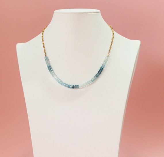 Beaded Aquamarine and 14k Gold Filled Chain Necklace, March Birthstone, Adjustable Choker, Dainty Jewelry, Gift for Her,