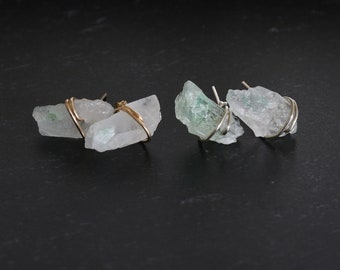 Raw Quartz Crystal Stud Earrings, Natural Crystal Earrings,  Raw Green  Stone Earrings, Green Stud Earrings