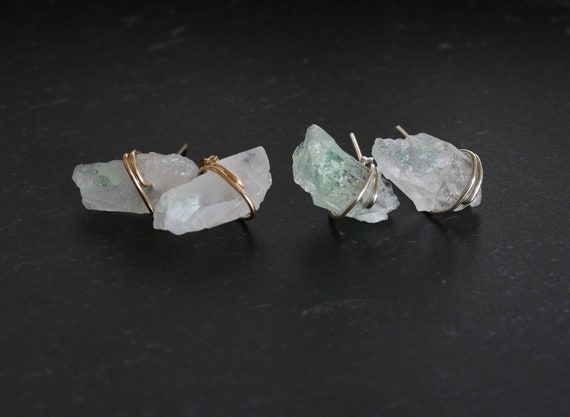 Raw Green and White Quartz Crystal Stud Earrings