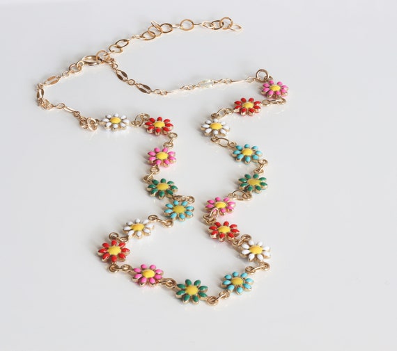 Daisy Choker, Colorful Flower Necklace, Adjustable Length 14k Gold Filled Necklace, Flower Jewelry, Boho Necklace, Summer Jewelry, Gift
