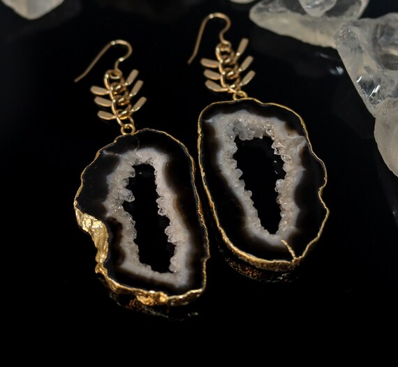 Large Black and Brown Geode Slice Earrings