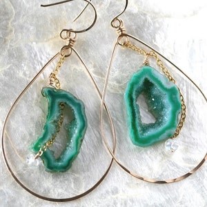 Green Geode Hoop Earrings, Geode Slice Earrings, Druzy Hoop Earrings image 2