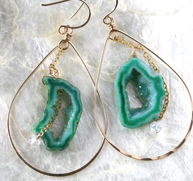 Green Geode Hoop Earrings, Geode Slice Earrings, Druzy Hoop Earrings image 2