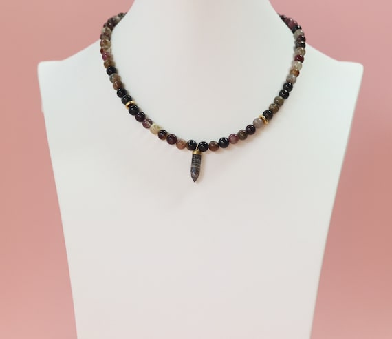 Tourmaline Beaded Necklace, Rutilated Quartz Pendant, Multi Color Beaded Necklace, 14k Gold Filled Necklace