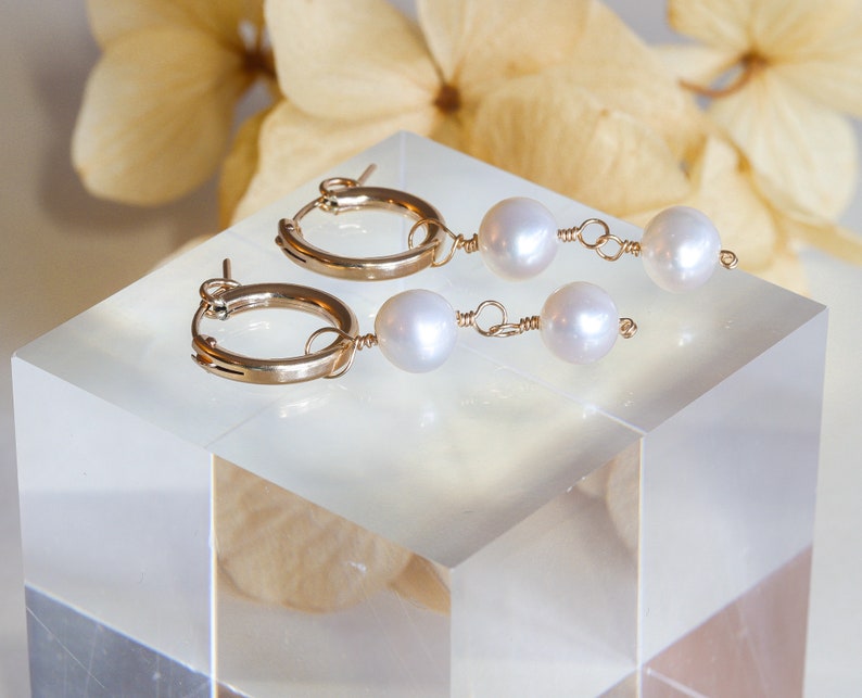 Small Pearl Hoops, Gold Earrings, Changeable Charm Earring, Huggie Hoops, Earring Gift Set, Stocking Stuffer, Hypoallergenic Earrings image 9