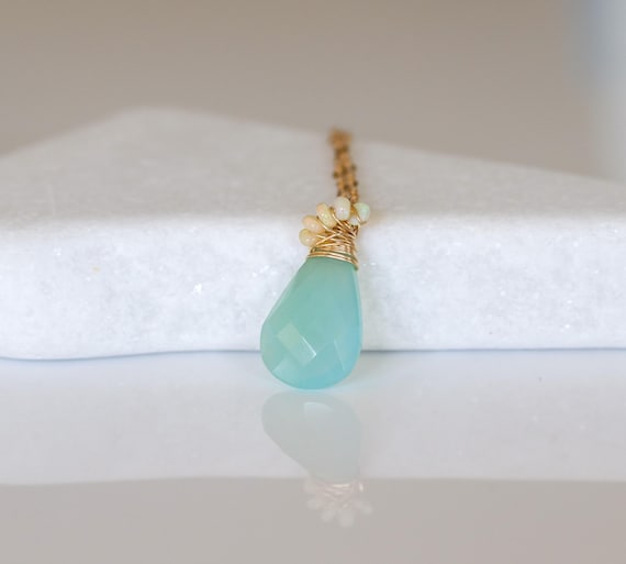 Aqua Chalcedony and Opal Statement Pendant Necklace