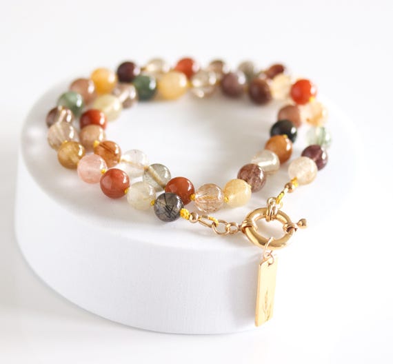 Rutilated Quartz Beaded Necklace with Gold Filled Clasp, Hand Knotted Gemstone Jewelry, Optional Wheat Charm, Luxury Gift for Her