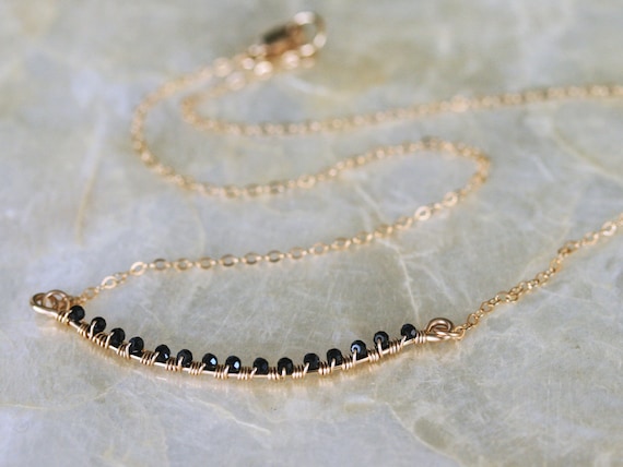Black Spinel Necklace, Dainty Gold Necklace,, Gold Smile Necklace, Layering Necklace, Minimalist Necklace, Curved Bar Necklace