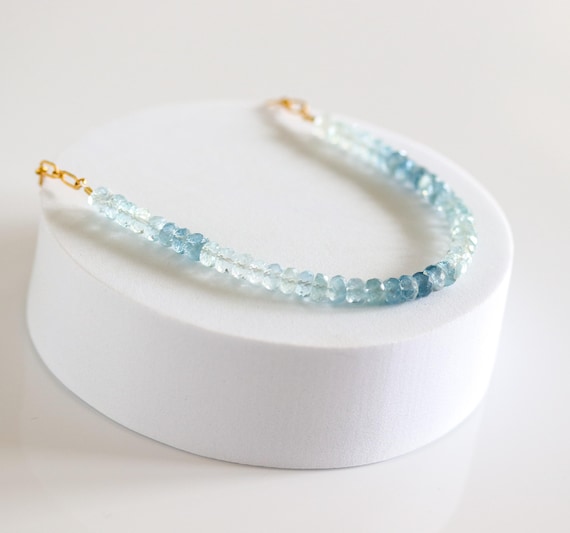 Beaded Aquamarine and 14k Gold Filled Chain Necklace, March Birthstone, Adjustable Choker, Dainty Jewelry, Gift for Her,