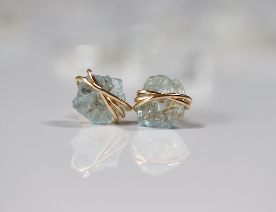 Aquamarine Earrings, March Birthstone Gift, Raw Gemstone Crystal  Studs, Minimalist Gold Filled or Sterling Silver