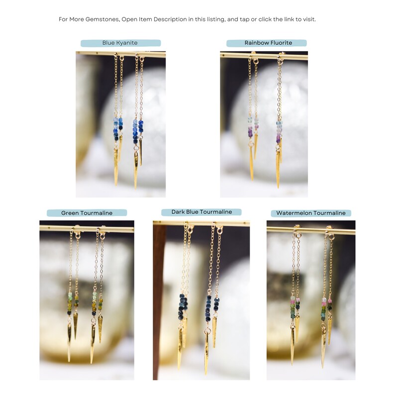 May include: Five pairs of gold dangle earrings with different colored gemstones. The earrings feature a long chain with a pointed gold tip and a cluster of gemstones. The gemstones are blue kyanite, rainbow fluorite, green tourmaline, dark blue tourmaline, and watermelon tourmaline.