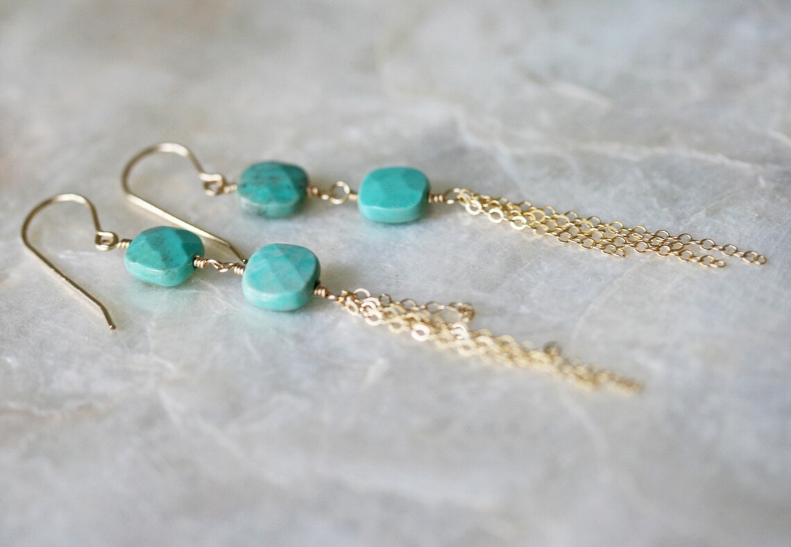 Long Gold Chain Tassel Earrings Green Gemstone and Tassel Etsy