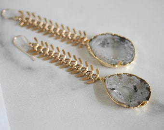 Geode Earrings, Chunky Chain Earrings, Druzy Earrings, Statement Earrings, Gold Chain Earrings, Bold Earrings, Geode Slice Earrings