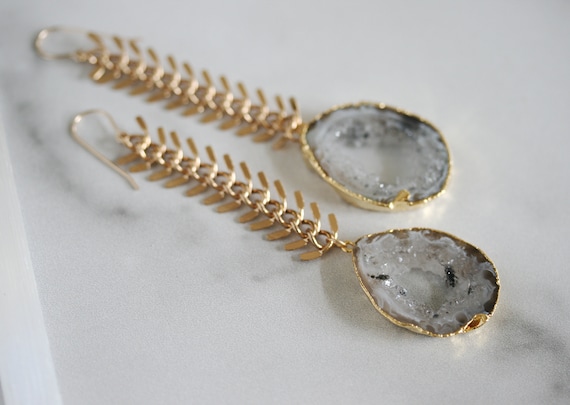 Gold Chunky Chain Earrings with Geodes