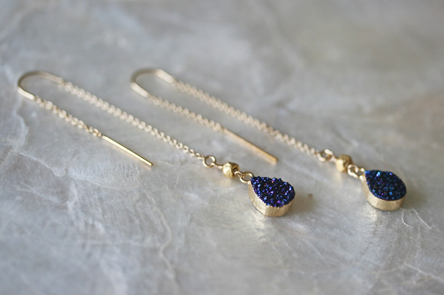 Blue Druzy Threader Earrings,