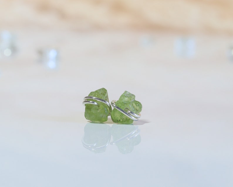 Raw Peridot Stud Earrings, Green Stud Earrings, Raw Gemstone Studs, August Birthstone, Birthstone Jewelry, Gift for Her image 7