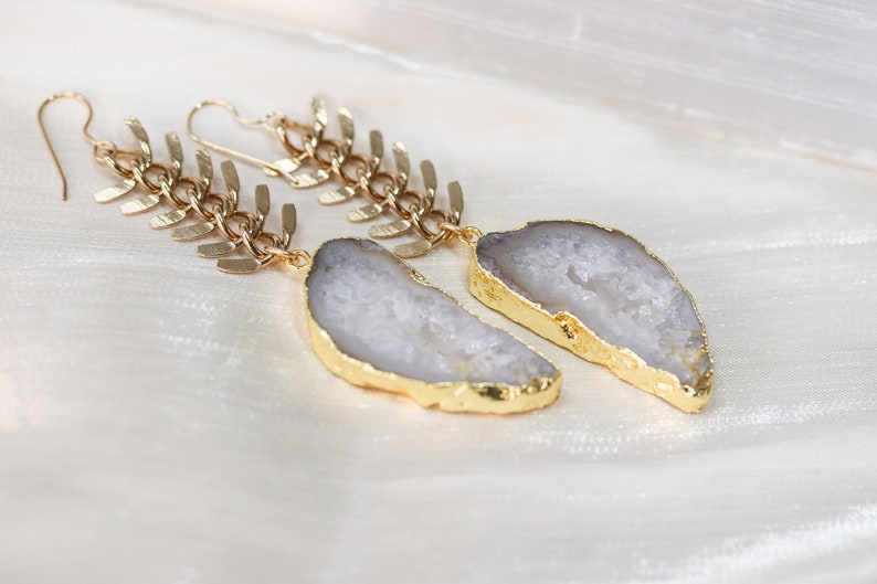 White Agate Geode Slice Dangle Earrings, Long Gold Chain Earrings, White Crystal Earrings, Statement Earrings image 6