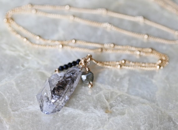 Herkimer Diamond Pendant Necklace on 14k Gold Filled Satellite Chain