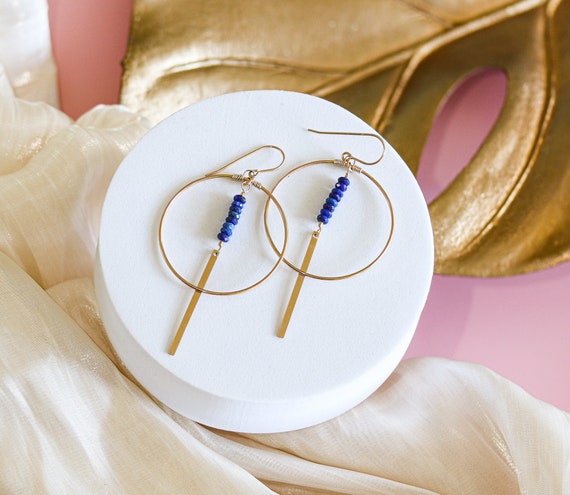 Lapis Lazuli Dangle Earrings with Gold Hoops