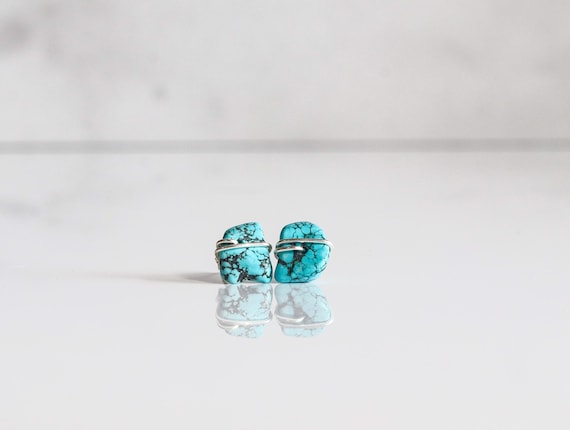 Lone Mountain Turquoise Earrings, Boho Gemstone Studs, Sterling Silver or 14k Gold Filled, Unique Natural Stone Jewelry, Raw Stone Earrings,