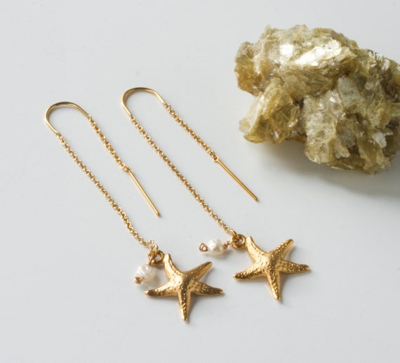 Gold Starfish and Pearl Threader Earrings
