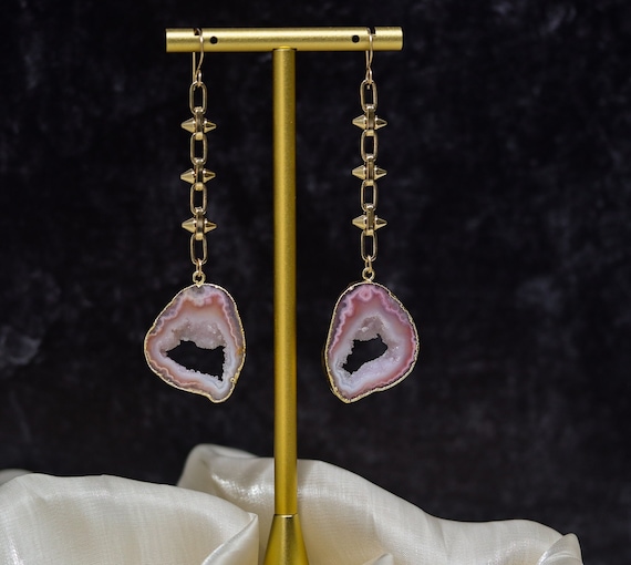 Pink Geode and Spike Chain Statement Earrings