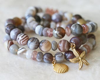 Botswana Agate Bracelet, Agate Stacking Bracelet, Starfish Charm Bracelet, Brown Bracelets