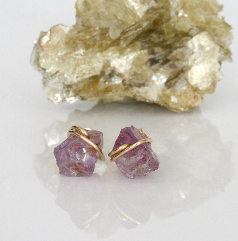 Raw Pink Amethyst Stud Earrings, Minimalist Earrings, Pink Crystal Earrings, February Birthstone, Birthday Gift, Sterling Silver, 14k Gold F image 3