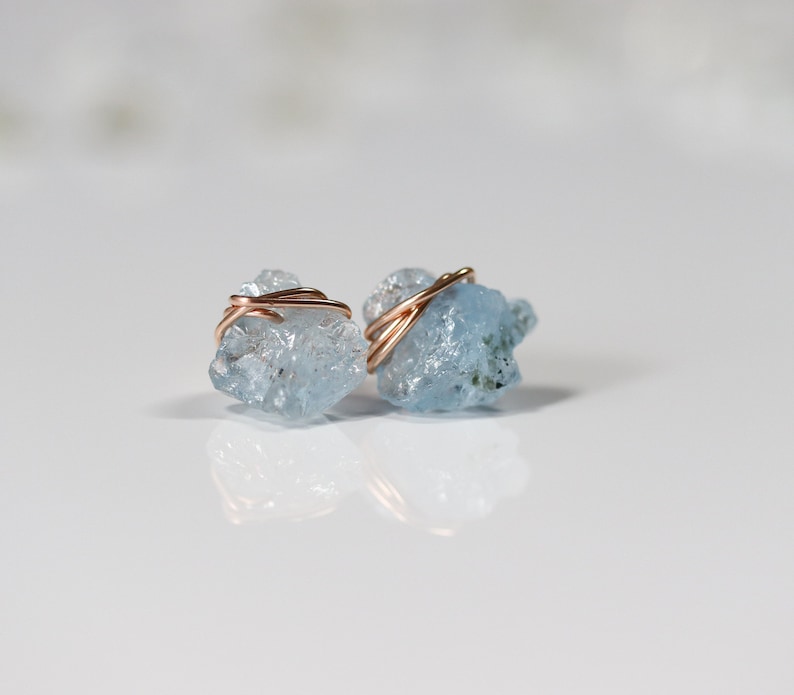 Aquamarine Earrings, March Birthstone Earrings, Raw Gemstone Earrings, Dainty Aquamarine Studs, Blue Crystal Earrings image 8