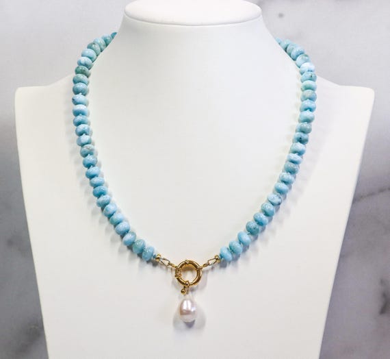 Ocean Blue Larimar Necklace with Gold Charm Holder
