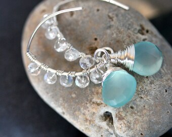 Chalcedony Earrings - Moonstone Earrings - Aqua Blue Stone Earrings - Wedding Jewelry - Something Blue - Open Hoop Earrings