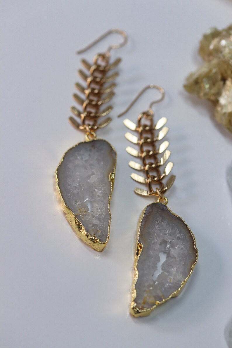 White Agate Geode Slice Dangle Earrings, Long Gold Chain Earrings, White Crystal Earrings, Statement Earrings image 4