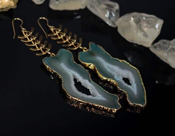 Green Agate Geode Slice Earrings on Long Fishbone Style Gold Chain